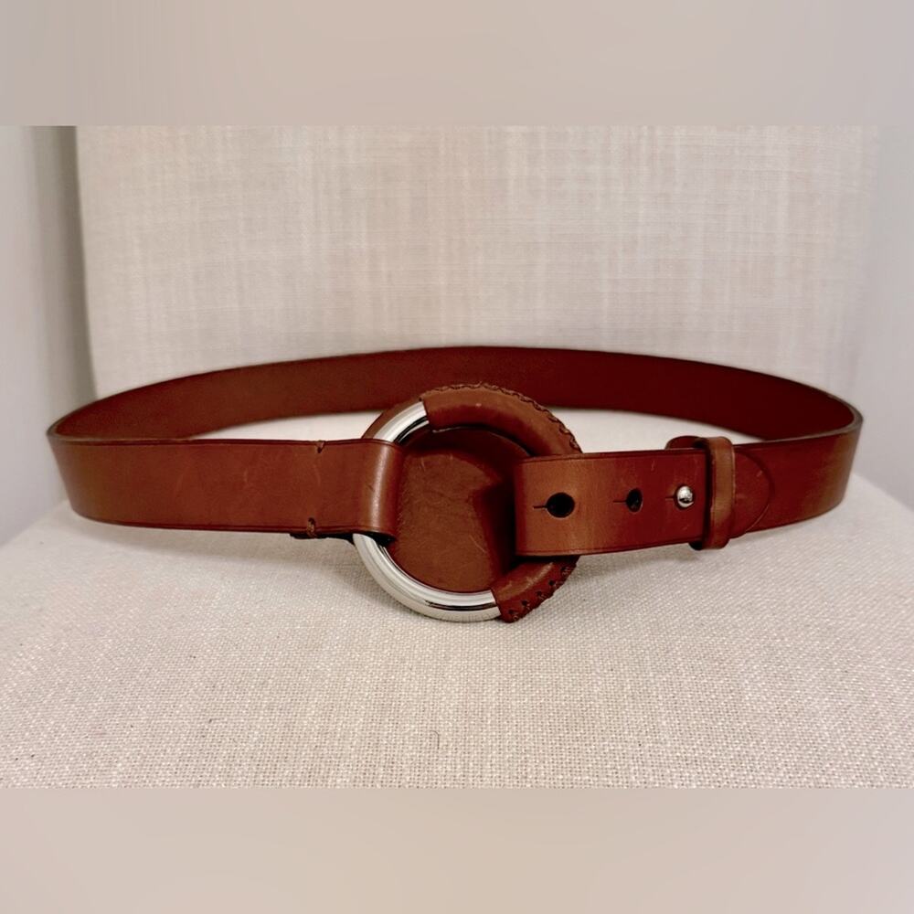 Ralph Lauren Cognac Leather Belt with Silver Tone Ring Buckle